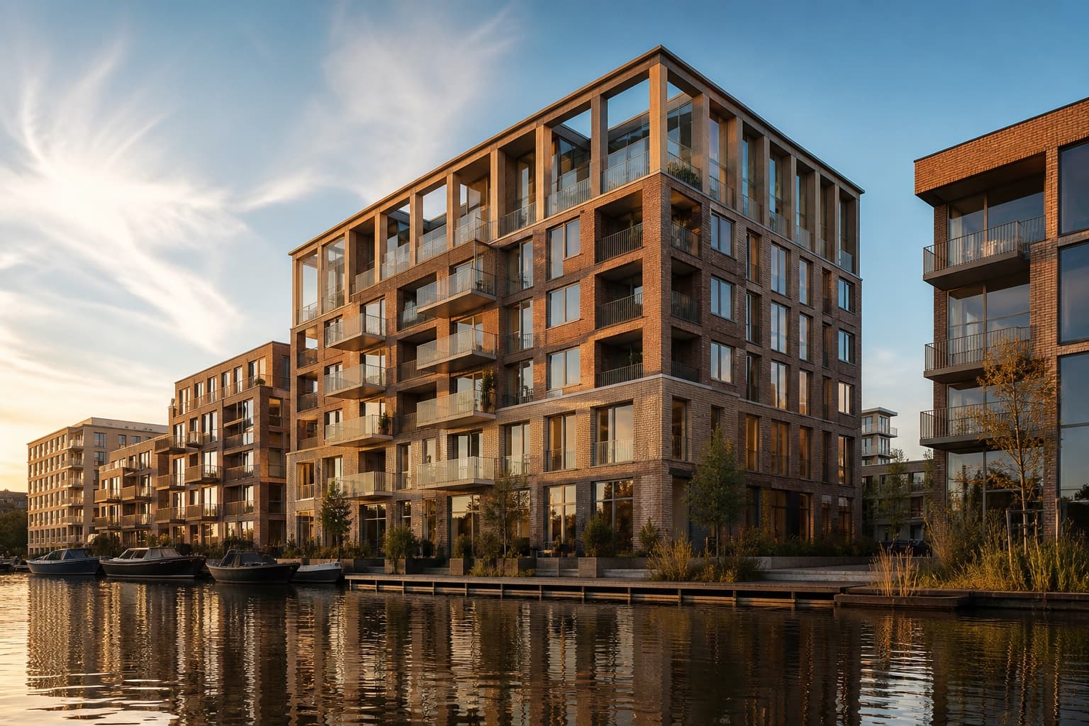 Contemporary brick housing along a canal, with a new mid-rise silhouette on the water